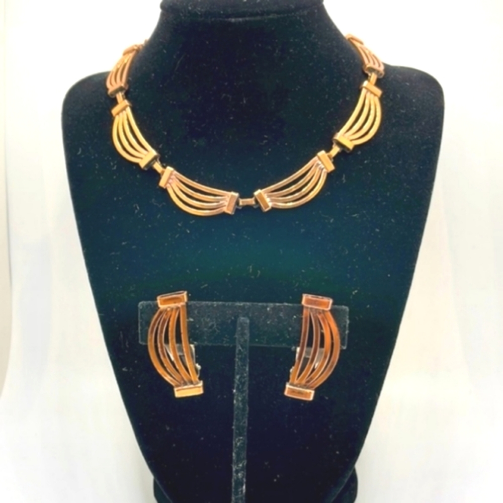Renoir Signed Vintage Copper Necklace and Clip-on Earrings Set